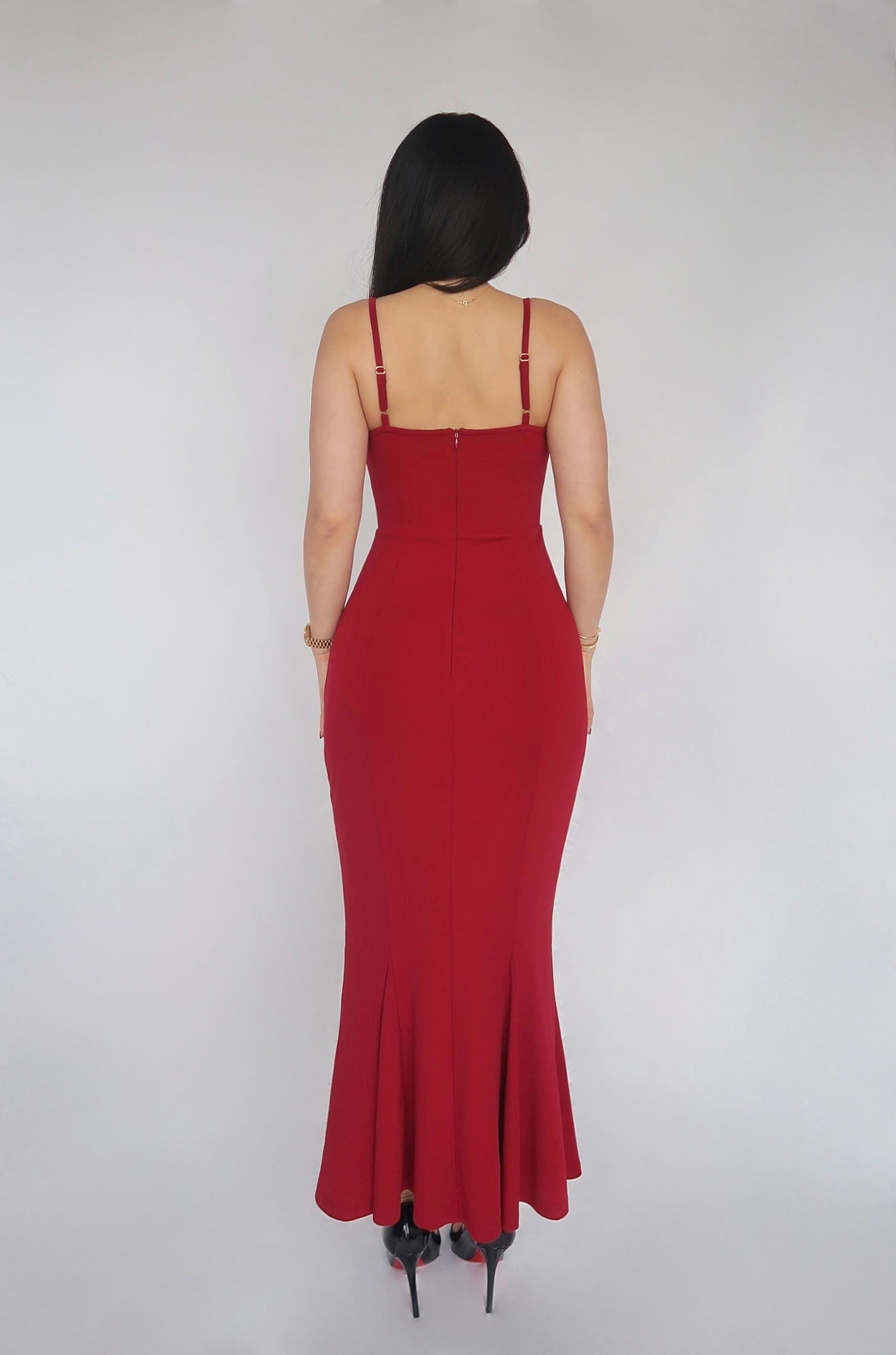 the back of the red dress full body shot
